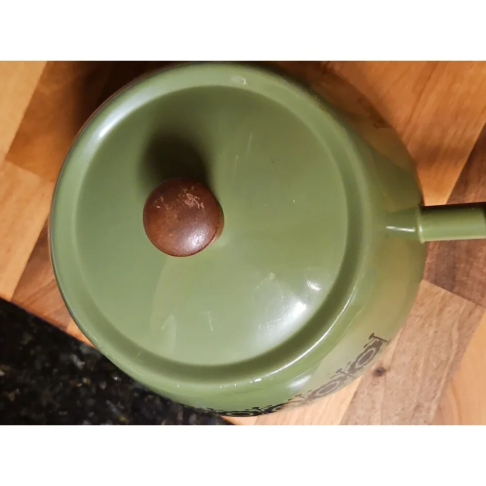 Vintage Green Enamel Fondue Pot Saucepan Floral MCM Boho Wood Handle 1970s